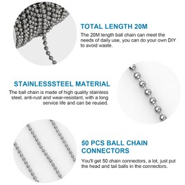 Granvoo 20 Metre Chains for Necklaces, Ball Chain Stainless Steel 2.4 mm, Beads Roller Chain Necklace Rolled Chain Men Women Link Chain Silver Bracelet Sold by the Metre with 50 Ball Chain Connectors