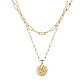 Ursteel Layered Gold Initial Necklace for Women - 14K Gold Plated Dainty Layering Paperclip Chain Necklace for Women Letter A Initial Coin Pendant Necklaces Jewelry Mothers Day Gifts for Women