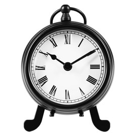 BESTIME AM-07 black metal desk clock, small and exquisite, white dial and black numbers are easy to read, height 14.9 x width 9.3 x 6.8 cm, home decoration for office desk, bedroom, living room, study