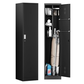 STANI 71" H Broom Closet Storage Cabinet Metal Cleaning Tool Cabinet Utility Closet Cleaning Supplies with Locking Door Broom Rack Shelf for Broom mops Garage Storage Black