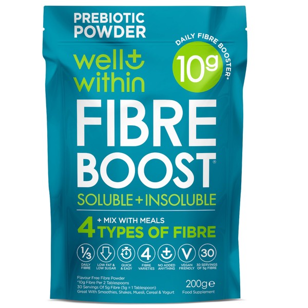 10g Fibre Supplement Prebiotic Powder, 1/3 NHS Daily Fibre, 4 Types Insoluble & Soluble Fibre 10,000mg (200g Bag, 30 x 5g Fiber) Well Within Gut Health Supplement, Fibre Powder for Men, Women, Kids