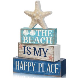 Moucuny 4 Pcs Wooden Summer Tabletop Decor Summer Tiered Tray Decor Ocean Beach Centerpiece Rustic Decorative Starfish Block Signs Gift Farmhouse Summer Table Decoration for Home Kitchen