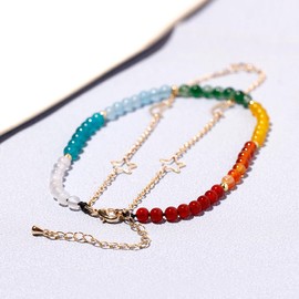 XHUUU Layered 7 Chakra Star and Moon 14k Gold Plated Ankle Bracelets for Women Spiritual Calming Beaded Anklet Adjustable Rainbow Beach Foot Jewelry Gifts