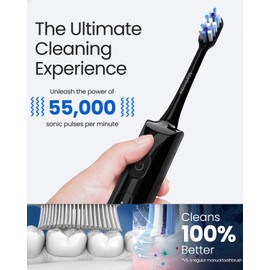 Marlincare Electric Toothbrush for Adults, Rechargeable Sonic Travel Toothbrush Teens with 4 Brush Heads-180 Days Battery Life, 55000VPM, 5 Modes Smart Timer& Travel Case, Black