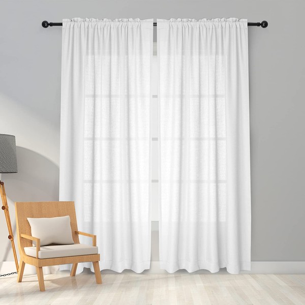Melodieux White Semi Sheer Curtains 63 Inches Long for Living Room, Linen Look Bedroom Rod Pocket Voile Drapes, 52 by 63 Inch (2 Panels)