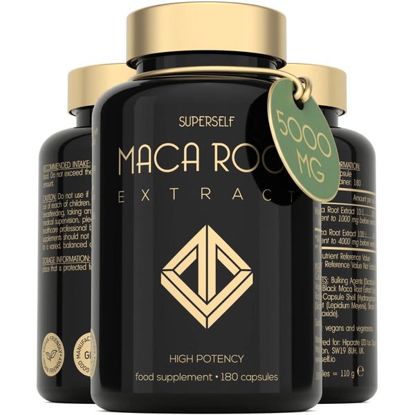 Maca Root 5000mg - Maca Root Capsules for Women & Men High Strength - 180 Maca Tablets - Potent Black & Yellow Macca Root Powder Extract - Natural Plant-Based Vegan Booster Supplements - UK Made