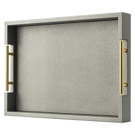 Large Ottoman Tray Gray Faux Leather Decorative Tray,Stylish Rectangle Coffee Table Tray Decor,Versatile Serving Trays with Handles for Living Room Party