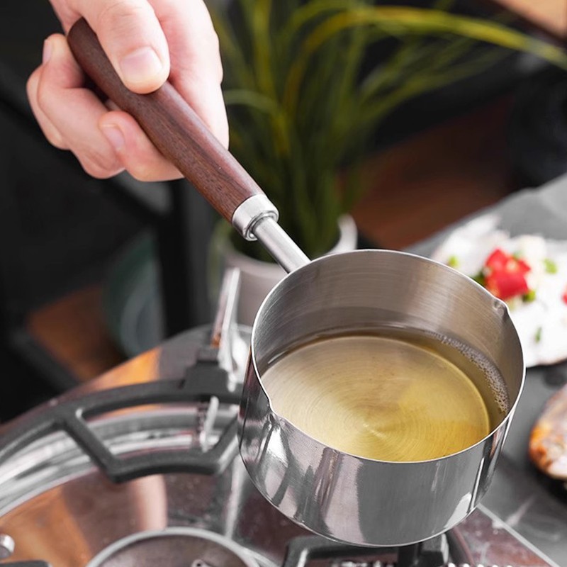 250ml Butter Milk Warmer Pot with Long Wooden Handle Cast