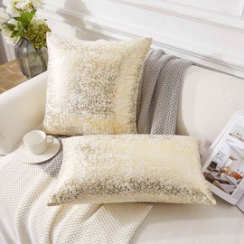 EUCIOR Gold and White Pillow Set of 2,Champagne Pillow Covers,22x22 Inch,Glitter Decorative Velvet Pillow Covers,Decor Soft Velvet Hidden Zipper Closure Accent Pillow