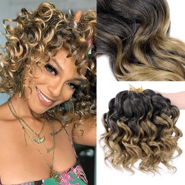 Mtmei Hair Ocean Wave Crochet Hair 9 Inch 8 Packs Ombre Blonde Deep Wave Crochet hair Deep Curly Twist Braids Water Wavy Synthetic Braiding Hair Extensions for Black Women T1B/27 (9 Inch,8 Packs)