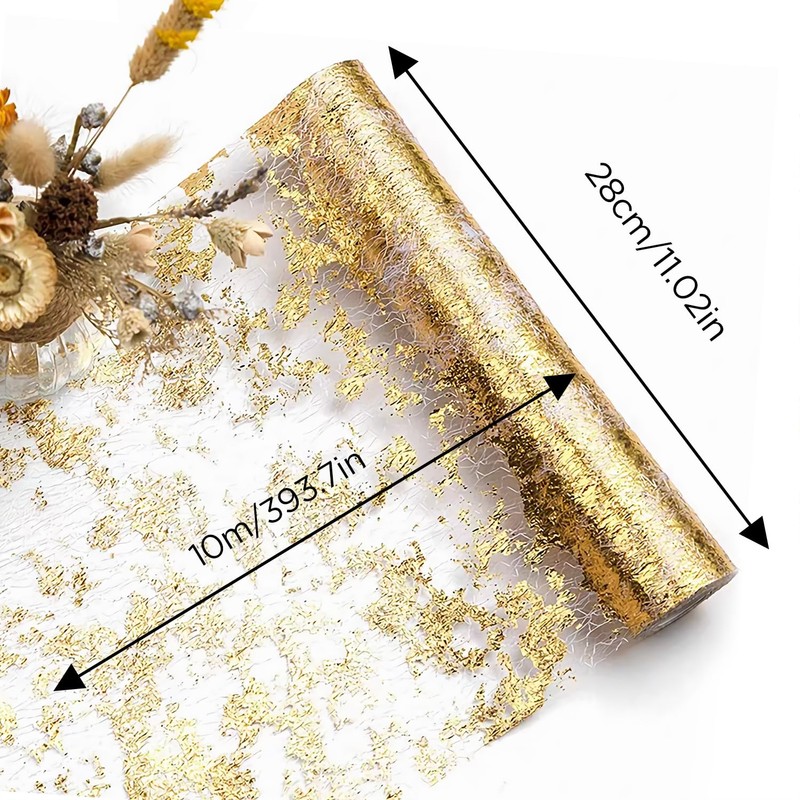 10Mx28cm Glitter Metallic Gold Table Runner,Gold Foil Table Cloth,Thin Mesh