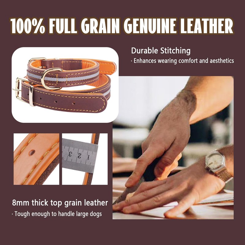 Thick Leather Dog Collar,Heavy Duty Genuine Leather, Reflective and Adjustable,Soft