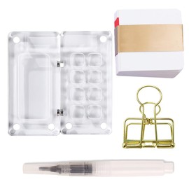 8 Grid Acrylic Miniature Watercolor Painting Palette Kit Pocket Artist Travel Set Portable Box with Brush Sketchbook for Painters Include Binder Pens and Sketch Book but Without Paint(Transparent)
