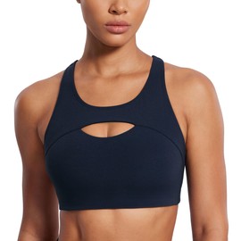 SYROKAN Hollow Out Breathable Sports Bras for Women High Support Molded Cup Training Wireless Racerback Bra Deep Sea Navy Medium