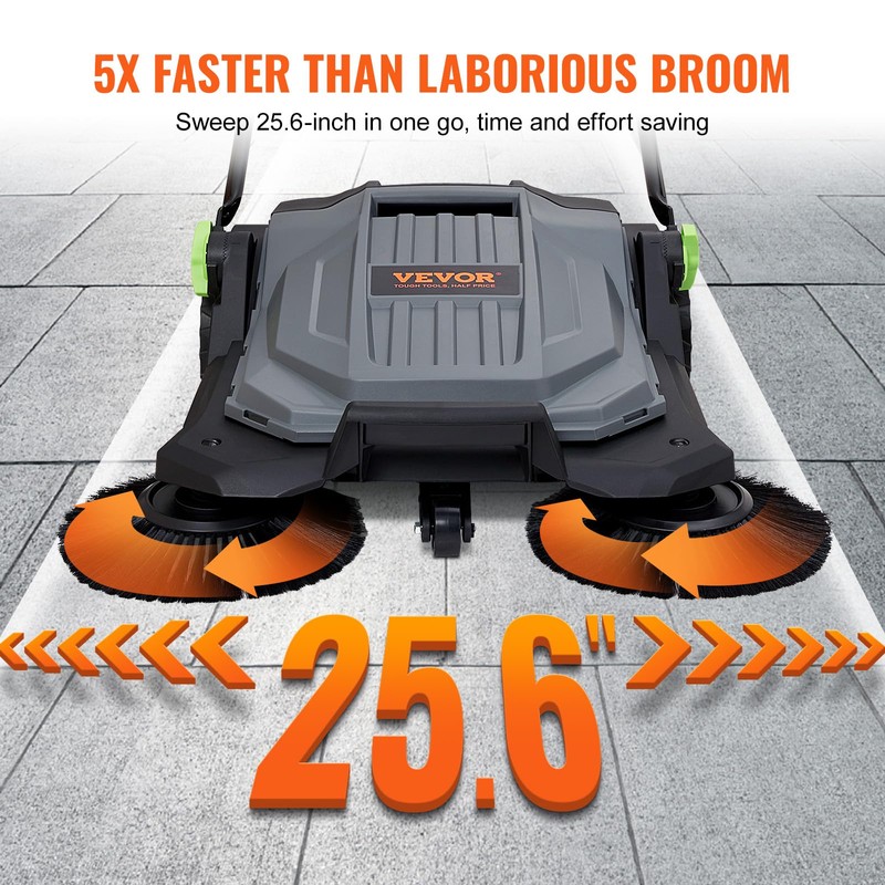 VEVOR Walk-Behind Hand Push Floor Sweeper, 25.6" Sweeping Width Floor