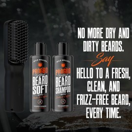 Wild Willies Moisturizing Beard Shampoo, Conditioner, & Straightener Kit, PROGRO - Fortified with Biotin & Caffeine for Facial Hair Growth & Hydration - 2-in-1 Ionic Styling Brush for Beard & Hair