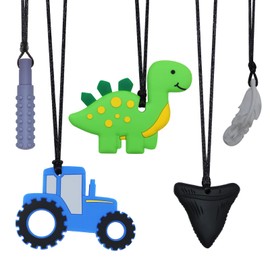 Chew Necklace for Sensory Kids, 5Pcs Chewy Necklaces for Boys and Girls with Autism ADHD PICA, Chewable Silicone Pendant for Reducing Fidget Anxiety,Dinosaur Tractor Chewing Pendants for Toddler