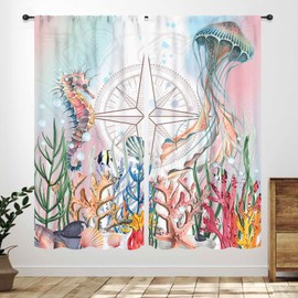 Coastal Jellyfish Curtains,Beach Nautical Ocean Starfish Seashell Seahorse Underwater Curtains for Bedroom Bathroom Living Room 2 Panels Window Treatment Drapes,42X45 Inch