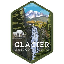 Die Cut Sticker Glacier National Park, Montana, Mountain Goats and Waterfall, Contour Vinyl Sticker 3 to 6 inches, (Waterproof Decal for Cars, Water Bottles, Laptops, Coolers), Large