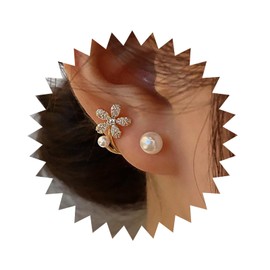 Atentuyi Boho Small Pearl Stud Earrings CZ Flower Earrings Vintage Pearl Earrings Gold Flowers Earrings Crystal Ear Jacket Pearl Front Back Earrings Jewellery for Women and Girls, Crystal