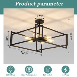 ZGLAOJT 6-Lights Close to Ceiling Light 22.83 Inch Black Light Fixture Industrial Flush Mount Ceiling Large Farmhouse Chandelier Lighting for Kitchen Island Dining Room Bedroom Foyer Hallway