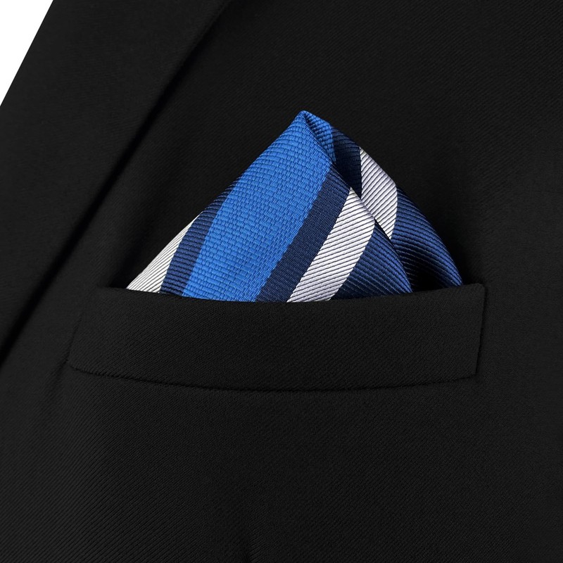 S&W SHLAX&WING Mens Pocket Square Stripes Blue Navy Royal Striped