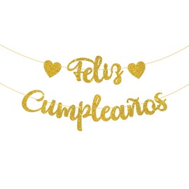 WeBenison Feliz Cumpleaños Banner/Fiesta Theme Happy Birthday Banner/Spanish Birthday Party Decorations - Gold Glitter
