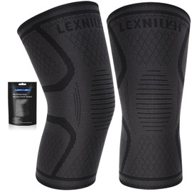 Lexniush Knee Support for Men/Women 2 Pack, Best Knee Compression Sleeve, Best Knee Brace for Arthritis, Meniscus Tear, Knee Pain, ACL, MCL, Ligament Damage, Running, Gym, Sports, Black, L