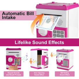 Pup Go Digital ATM Money Box for Kids Ages 3-12, Electronic Piggy Bank with Password Lock, Auto Scoll Cash Paper Savings Box, Safe Can for Coins & Bills, for Girls (Pink)