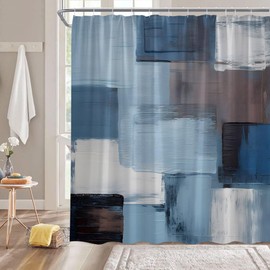 DSMEUE Blue Gray Brown White Shower Curtain Abstract Grunge Art Modern Oil Painting Simple Aesthetic Bathroom Decor Curtain with Hooks,70Wx70H Inch