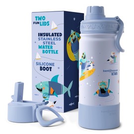 Bentoheaven Kids Water Bottle Stainless Steel for Boys & Girls, 2 Lids (Chug & Straw), Handle & Silicone Boot, Reusable Metal Leak-proof Insulated Tumbler, School & Sports 17oz (Blue)
