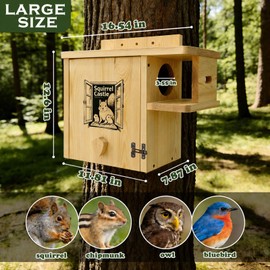 Firmlly Upgraded Version Large Wooden Squirrel House for Outside - Weatherproof Pine with External Platform, Easy Assemble Squirrel Nesting Box,Metal Buckle