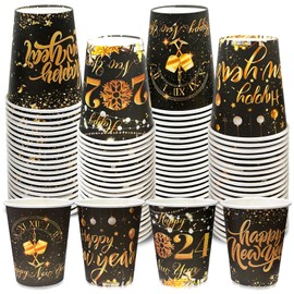 CIEOVO 100 Pcs 9oz New Year Party Paper Cups, Disposable Black Gold New Year's Eve Party Cups for Happy New Year's Eve Holiday Party Daily Use Coffee Cold Hot Drinks