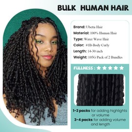 Human Braiding Hair for Boho Braids 14 Inch Human Hair Braiding Hair Wave Curly Boho Hair for Braiding Knotless 12A Curly Bulk Human Hair for Braiding Bohemian 2 Bundles/Pack 100G Natural Black Color