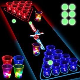 HIOHWEFH Glowing Beer Pong Table Mat for Drinking Game Light Up Plastic Cups and Pongs Beer Pong Set for Party Game Indoor Outdoor Pong Game, Party Supplies Decor 71 * 23inch