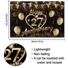 Happy 27th Anniversary Backdrop Banner Decor Black Gold – Glitter Love Heart Happy 27 Years Wedding Anniversary Party Theme Decorations for Women Men Supplies