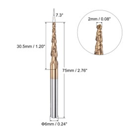 sourcing map Tapered Ball Nose End Mill, TiSiN Coated Solid Carbide 2 Flute Spiral Milling Cutter, 1mm Radius, 2mm Diameter, 6mm Shank, 75mm Length, 7.3 Degree Angle