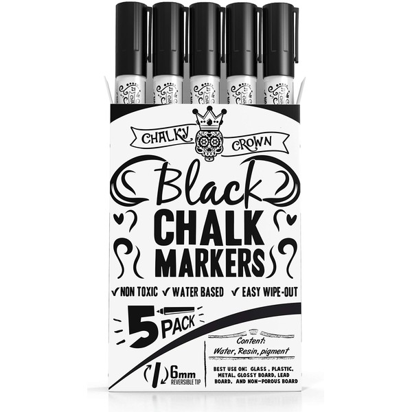 CHALKY CROWN Liquid Chalk Marker Pen - Dry Erase Marker - Chalk Markers for Chalkboard Signs, Windows, Blackboard, Glass - 6mm Reversible Tip - 24 Chalkboard Labels Included (Black, 5 Pack)