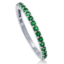 BERRICLE Sterling Silver Simulated Emerald Pave Set Round Cut Cubic Zirconia CZ Stackable Fashion Half Eternity Ring for Women, Rhodium Plated Size 7