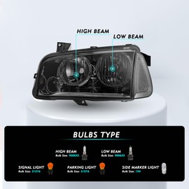 TUSDAR Halogen 4Pcs Headlight Assembly Set Fits for 2006-2010 Dodge Charger Side Marker Corner Lamp OE Replacement Headlamp High Low Beam Bulbs Included Smoke Black