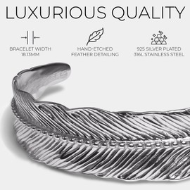 Elegatto Premium Feather Silver Cuff Bracelet for Men | Marine-Grade Stainless Steel with Hand Etched Detailing | Men’s Designer Jewelry | Small to Medium