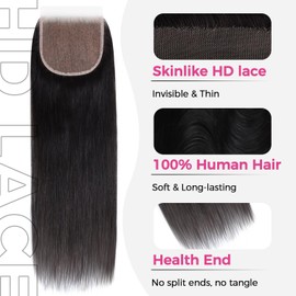 Lashey 5 x 5 HD Lace Closure, Natural Black HD Closure, Prebleached Knots, Pre-Plucked Hairline Straight Human Hair, 45 cm (18 Inches)