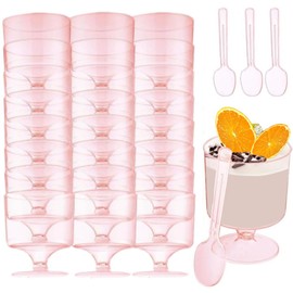 Mistari 50 Pack Clear Plastic Dessert Cups with Spoons, Mini Parfait Cups Pudding Cups for Cheesecake Yogurt Jello Mousse Snacks Fruit Trifle, No Lids (Pink High Footed Cups)