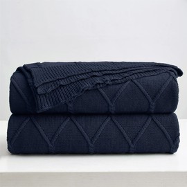 Longhui bedding 100% Cotton Navy Blue Lightweight Cable Knit Throw Blanket with Bonus Laundering Bag for Couch Sofa Bed – Large 60 x 80 Inch, Machine Washable, Home Décor, Dark Navy