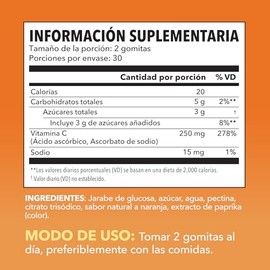 Gomitas de Vitamina C 250 mg Sabor Naranja – Suplemento Alimenticio Antioxidante para Adultos – 60 Gomitas – Sin OGM y Sin Colorantes Artificiales