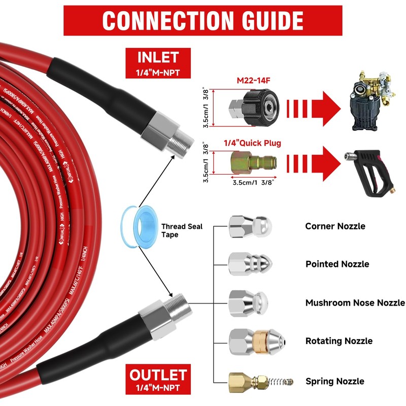 NIFUAL Sewer Jetter Kit for Pressure Washer,100FT 5800PSI Pressure Drain