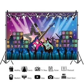 Shensu Music Carnival Night Photography Backgrounds 9x6ft Cartoon Stage Guitar Lighting Party Events Photo Backdrop Banner Kids Baby Girls Boys Portrait Photoshoot Booth Studio Props Vinyl