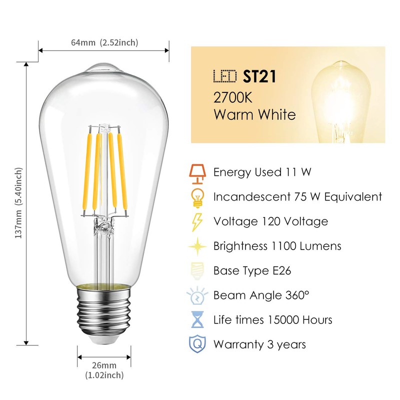 LVWIT 6 Pack Vintage LED Edison Bulbs 75W Equivalent 11W
