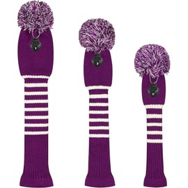 Scott Edward Stripes Style Knitted Golf Club Head Covers Set of 3, fit for Driver Wood(460cc), Fairway Wood, Hybrid(UT), for Men/Women Golfers, Individualized Looking and Washable (Purple)