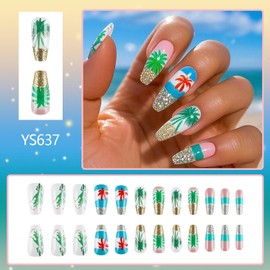 24Pcs Medium Coffin Press on Nails Coconut Tree Fake Nails Glossy Acrylic Nails Summer Stick on Nails Palm Tree False Nails Glitter French Nails Press ons Full Cover Glue on Nails for Women, 24Pcs